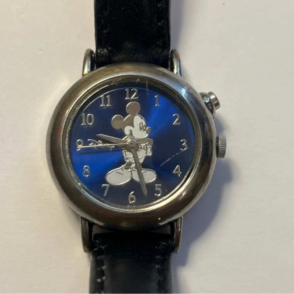 Disney Mickey Mouse Vintage Blue Watch Black Leather Water Resistant 30 m/100 ft